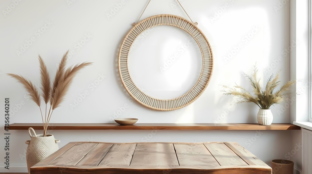 Rustic Interior Design: A captivating scene of interior design, with focus on the textural interplay of raw wooden table, elegant mirror, and decorative floral elements.