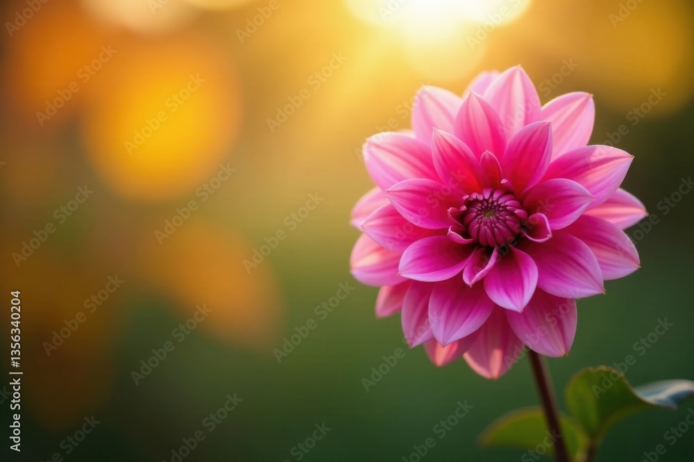 Fototapeta premium A vibrant pink dahlia blossom basks in the warm glow of the setting sun, its delicate petals unfurling against a softly blurred background of autumnal hues.