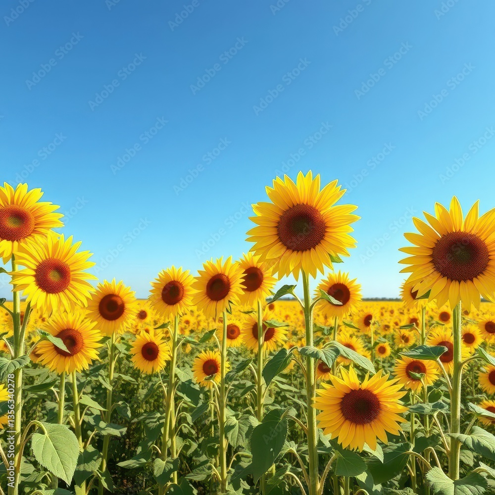 Obraz premium Vibrant yellow sunflowers stand tall against a vast blue sky and expansive field, horizon, field, wide