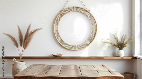 Obraz na płótnie Rustic Interior Design: A captivating scene of interior design, with focus on the textural interplay of raw wooden table, elegant mirror, and decorative floral elements. w salonie