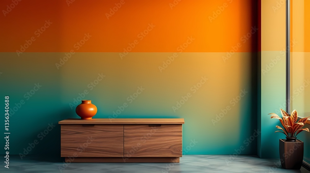 Modern Minimalist Living Room: An inviting living room, designed with a warm, earthy palette. The focal point is a wooden cabinet adorned with a ceramic vase.