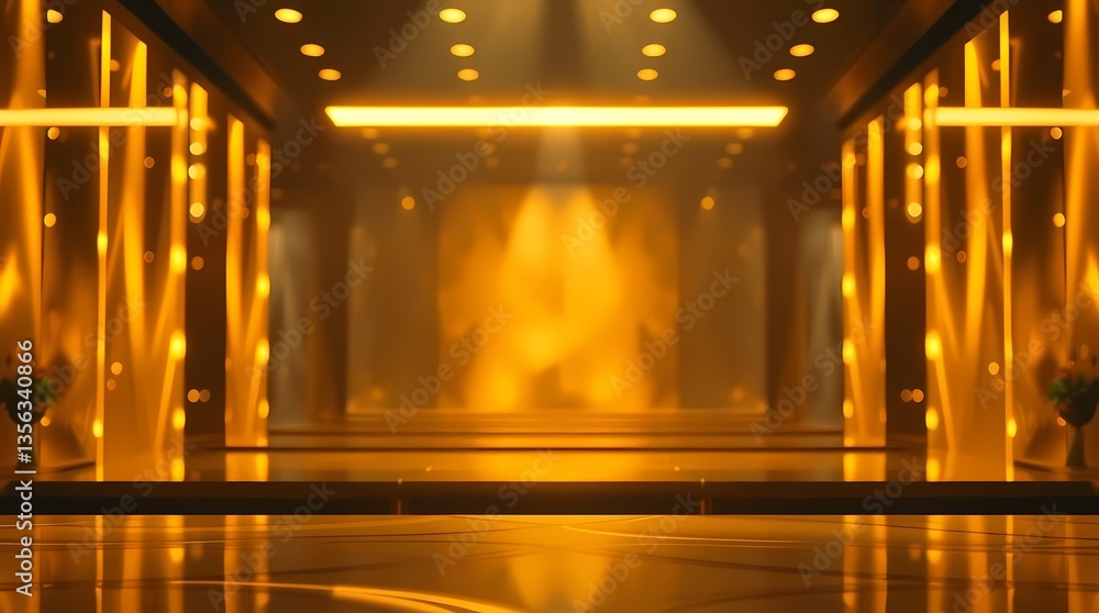 Golden Stage: A captivating stage bathed in the warm embrace of golden light, creating an atmosphere of anticipation and grandeur. The polished floor reflects the vibrant illumination.