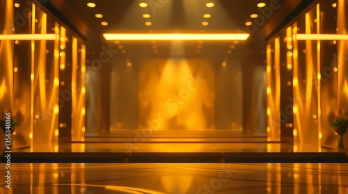 Obraz na płótnie Golden Stage: A captivating stage bathed in the warm embrace of golden light, creating an atmosphere of anticipation and grandeur. The polished floor reflects the vibrant illumination. w salonie
