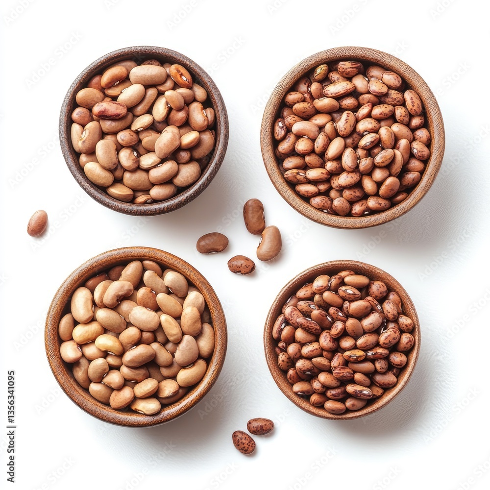 A closeup of dry brown beans, a healthy organic legume, isolated in a white bowl A closeup of dry brown beans, a healthy organic legume, isolated in a white bowl