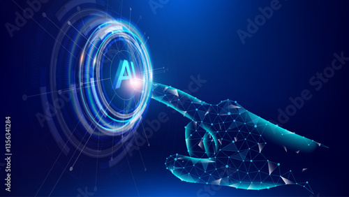 Digital hand touches AI icon on futuristic holographic screen with blue digital background. Hand interacting with a low-poly wireframe button, symbolizing AI technology and innovation.