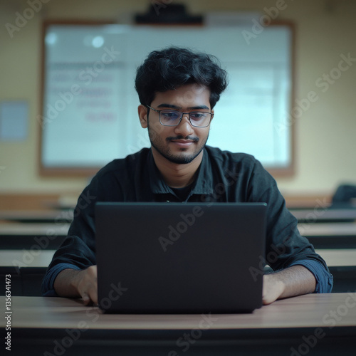 happy indian college student using laptop in classroom
