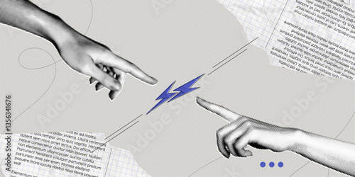 Trendy Halftone Collage Two hands pointing to lightning bolt. Power of teamwork. Digital contemporary art. SEO marketing concept. Business idea. Vector retro pop art illustration