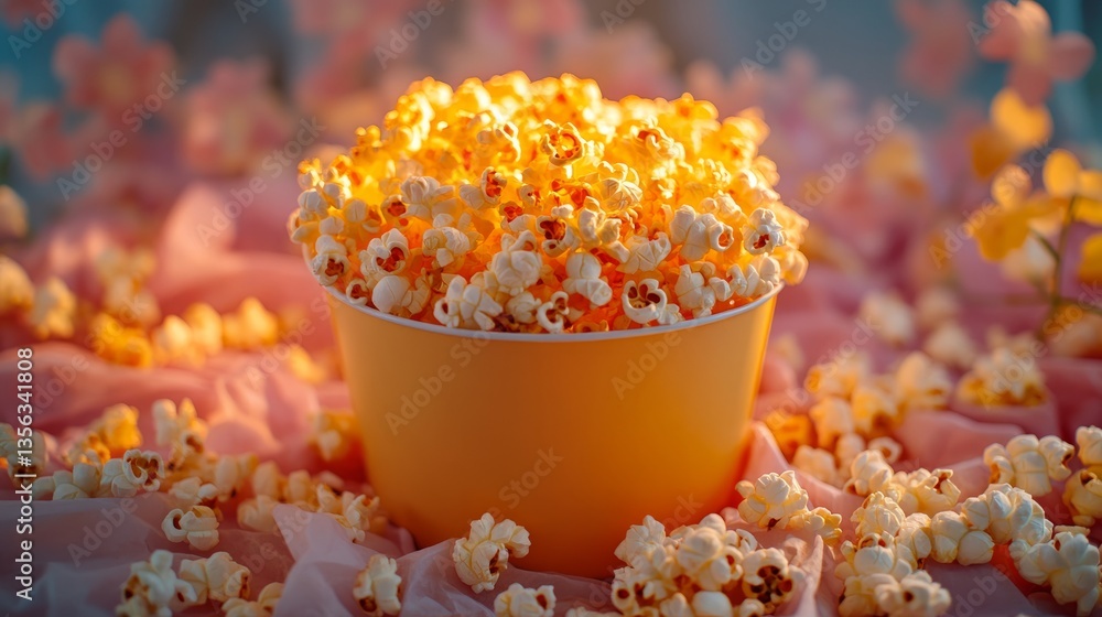 Brightly lit popcorn bowl surrounded by scattered kernels on soft fabric, creating a cozy and inviting snack display Brightly lit popcorn bowl surrounded by scattered kernels on soft fabric, creating a cozy and inviting snack display
