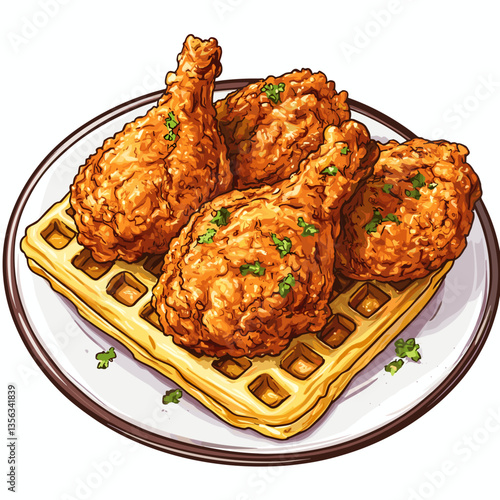 Crispy Fried Chicken on Golden Waffles Vector Art