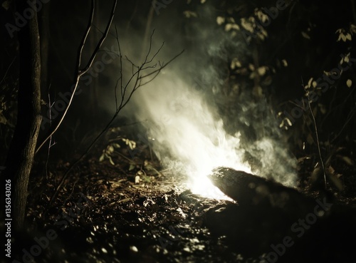 campfire at night, the flames flickering softly against a dark background.