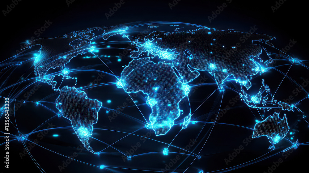 Digital world map with global network connections, blue glowing lines connecting the continents on a black background Digital world map with global network connections, blue glowing lines connecting the continents on a black background
