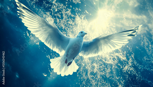 Real photo of seagull spreading wings over sea with white feathers.