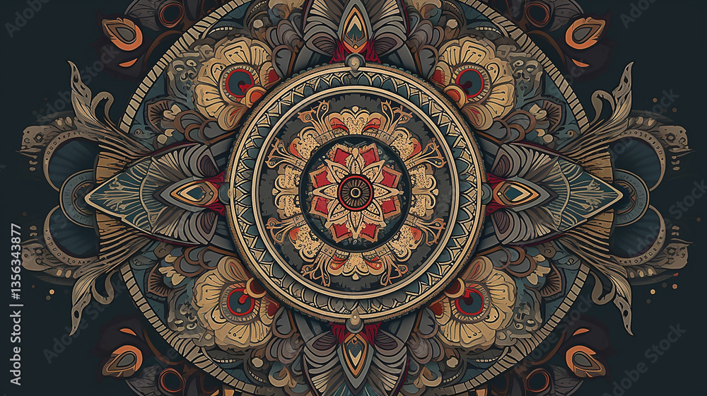 Obraz premium Intricate mandala design featuring floral patterns and geometric shapes on a dark background (1)