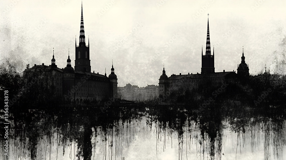 Naklejka premium Moody monochrome cityscape highlighting Stockholm Syndrome's emotional duality. Dark buildings and watery reflections symbolize entrapment, confusion, and complex human connections.