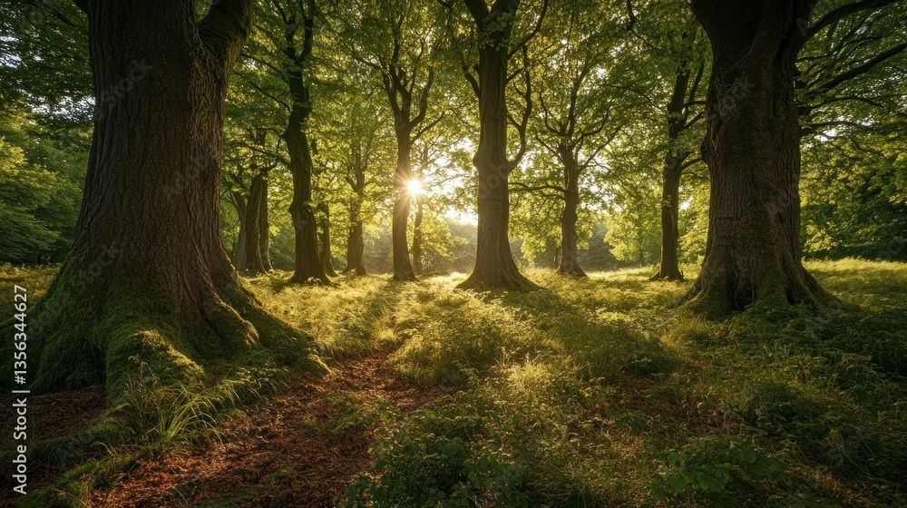 Fototapeta premium Lush Green Forest Illuminated By Sunlight Through Tree Canopy and a Path in the Distance