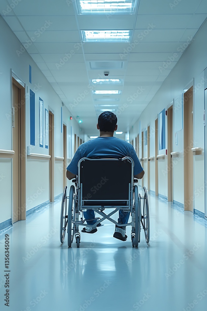 Man in wheelchair moves through a long hospital corridor Man in wheelchair moves through a long hospital corridor