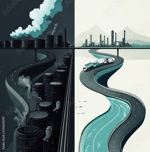 A road leading to an industrial area with oil tanks and trucks, the left side is black with a dark blue color of smoke coming