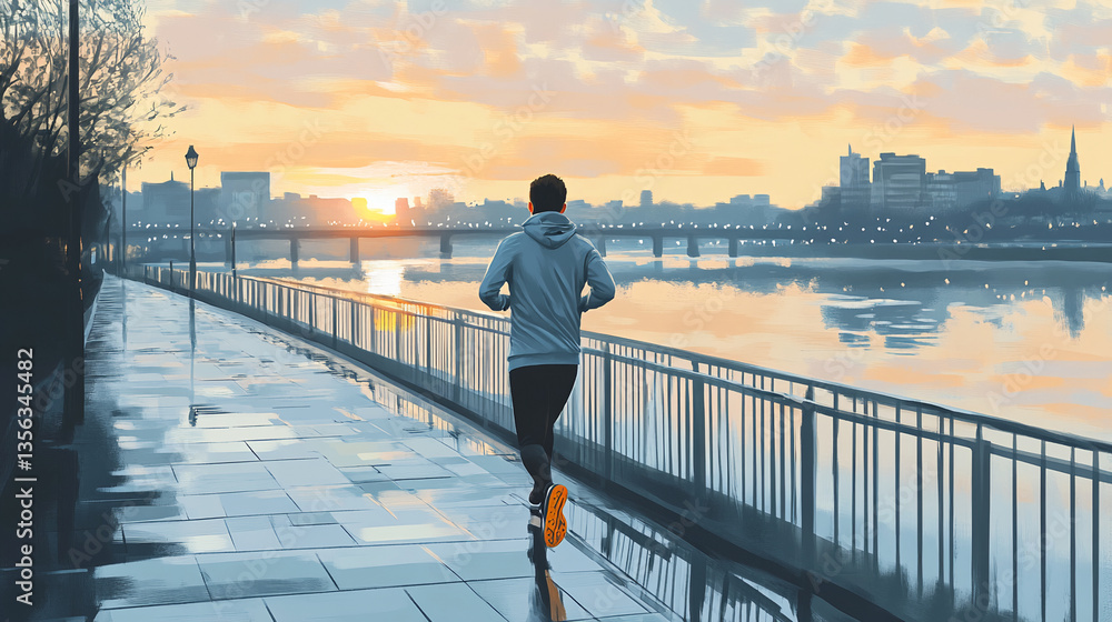 Fototapeta premium Urban riverside run under a pastel sunrise sky, a solitary figure embraces fitness journey