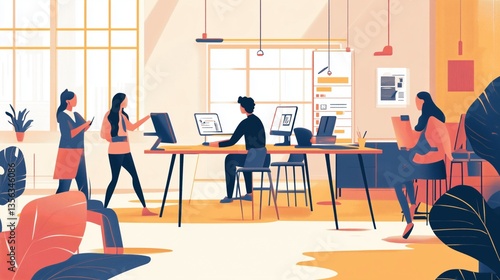 Illustration of creative work process at cozy workplace office. Group teamwork in coworking. People working together concentrated at a table with laptops notebooks computers