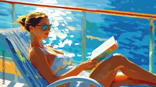 Tourist reading a book on cruise ship deck on sunny summer day