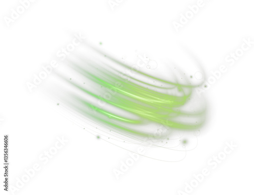 Glowing neon lines in green tones with sparkling energy effects and fast motion swirls. Abstract futuristic design featuring beams, streaks, and curved light waves on a transparent background