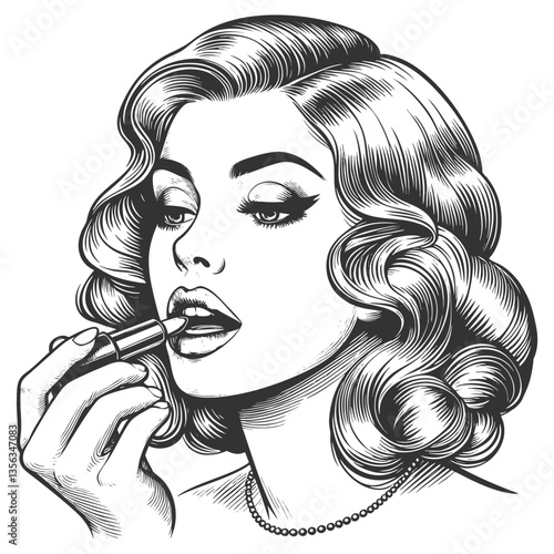glamorous woman with classic beauty, applying lipstick with a poised expression and detailed styling sketch engraving generative ai vector illustration. Scratch board imitation. Black and white image.