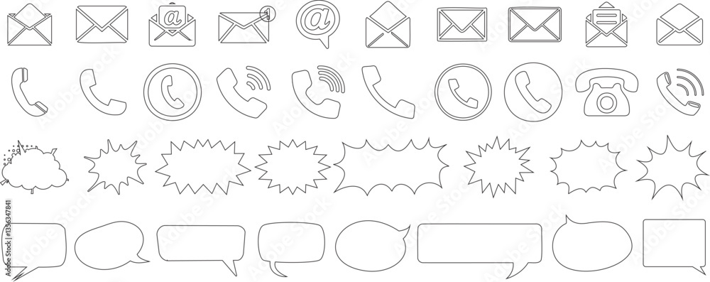 communication icon vector outline set featuring email, phone, speech bubbles, and comic bursts for web, chat, customer support, messaging, and business communication graphics for digital use communication icon vector outline set featuring email, phone, speech bubbles, and comic bursts for web, chat, customer support, messaging, and business communication graphics for digital use