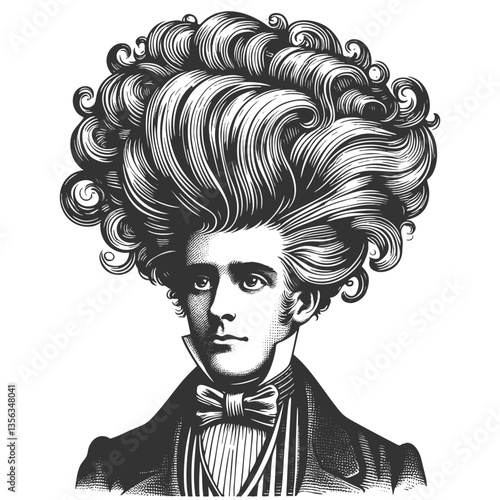 gentleman with an incredibly large, curly hairstyle, blending humor, surrealism, and vintage artistic style sketch engraving generative ai vector illustration. Scratch board. Black and white image.