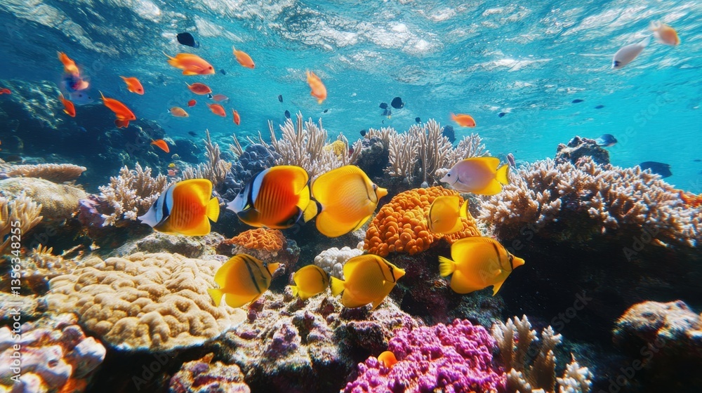 Obraz premium Vibrant underwater coral reef scene with colorful tropical fish swimming in clear turquoise water marine life ecosystem