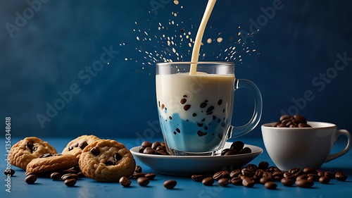 A glass of milk with coffee beans splashes as it fills
