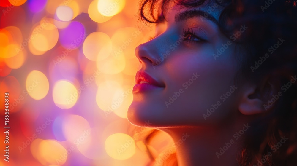 Woman with curly hair illuminated by colorful lights in a festive setting showcasing her profile during a nighttime celebration Woman with curly hair illuminated by colorful lights in a festive setting showcasing her profile during a nighttime celebration