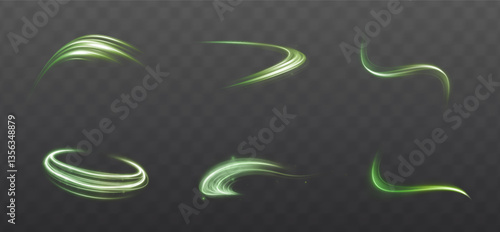 Futuristic green glowing swirl with circular motion and sparkling energy. Dynamic neon wave with spiral and tornado effects. Perfect for tech, speed, and abstract vector backgrounds