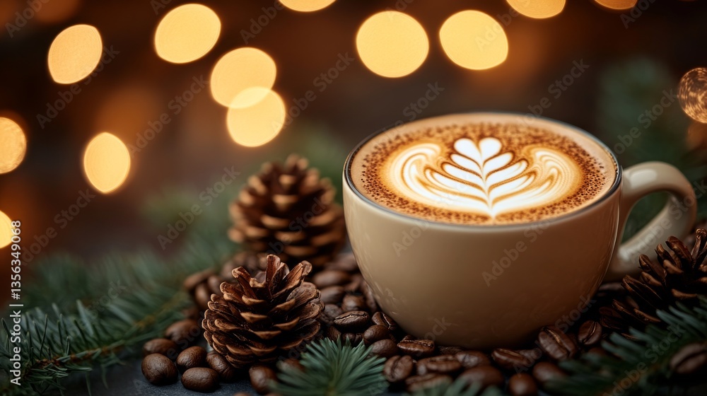 Warm coffee cup with latte art surrounded by pine cones and coffee beans in festive setting Warm coffee cup with latte art surrounded by pine cones and coffee beans in festive setting