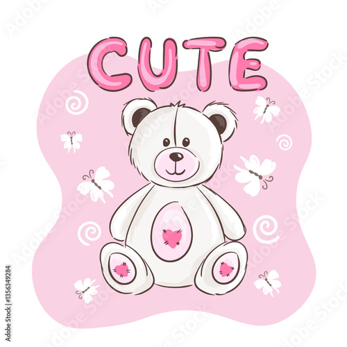 Wallpaper Mural Cute white teddy bear kids print with pink details, butterflies background, adorable plush toy. Vector illustration Torontodigital.ca