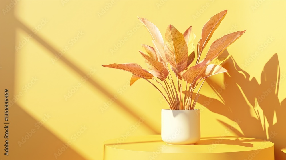 Potted plant with orange leaves sits on a yellow cylindrical surface against a yellow background