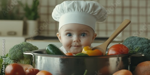 Tiny chef! A baby in a hat gazes at the camera beside a pot brimming with colorful veggies. Adorable and playful kitchen moment