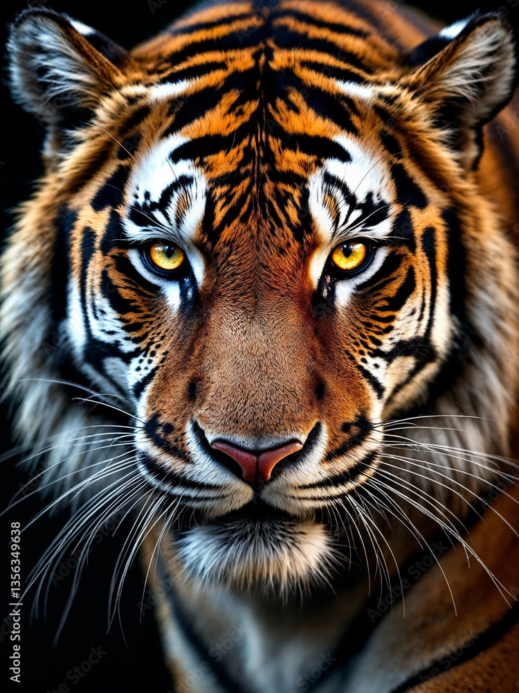 Naklejka premium A powerful tiger’s close-up portrait with piercing eyes against a deep black background.