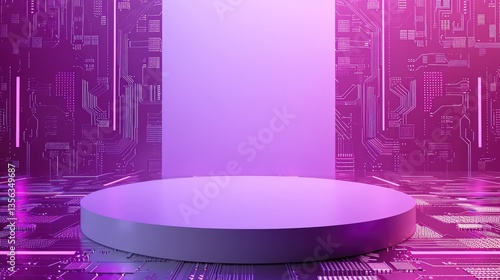 Cylindrical platform rests on a purple circuit board backdrop creating a futuristic digital display