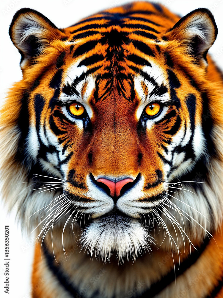 Naklejka premium A powerful tiger’s close-up portrait with piercing eyes against a deep black background.