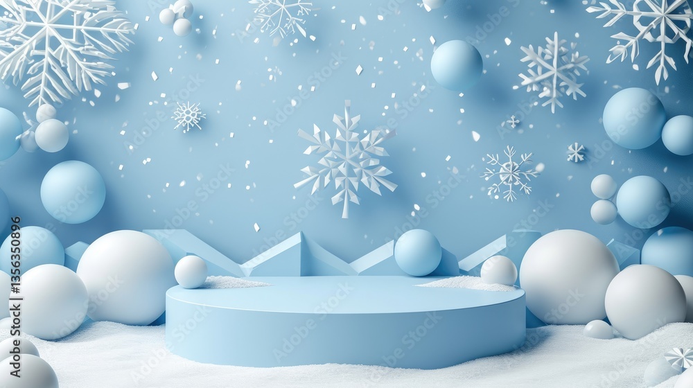 Winter Wonderland Scene With Snowy Platform And Snowflakes