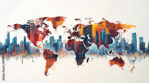 A digital world map with global business connections and cityscape background, representing international trade and market health