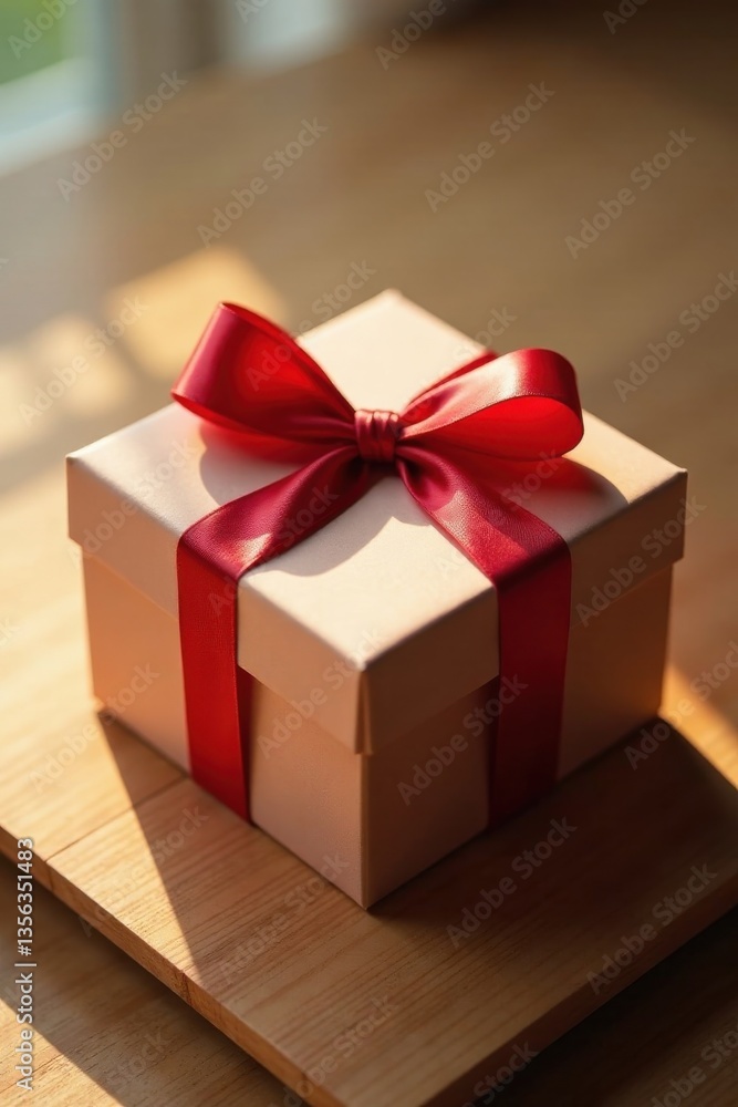 Fototapeta premium A delicately wrapped gift box, adorned with a vibrant red ribbon, rests on a smooth wooden surface, bathed in warm sunlight.