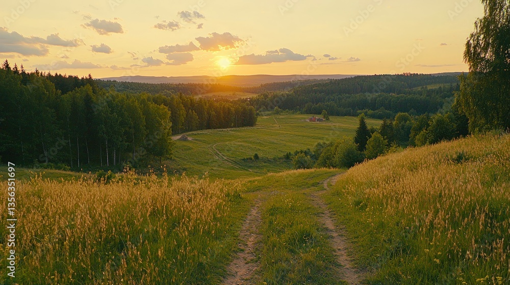Fototapeta premium Sunset over Serene Countryside Landscape
