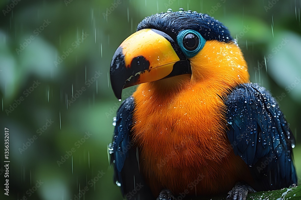 Fototapeta premium Colorful Toucan Perched in Rainforest Under Gentle Rainfall