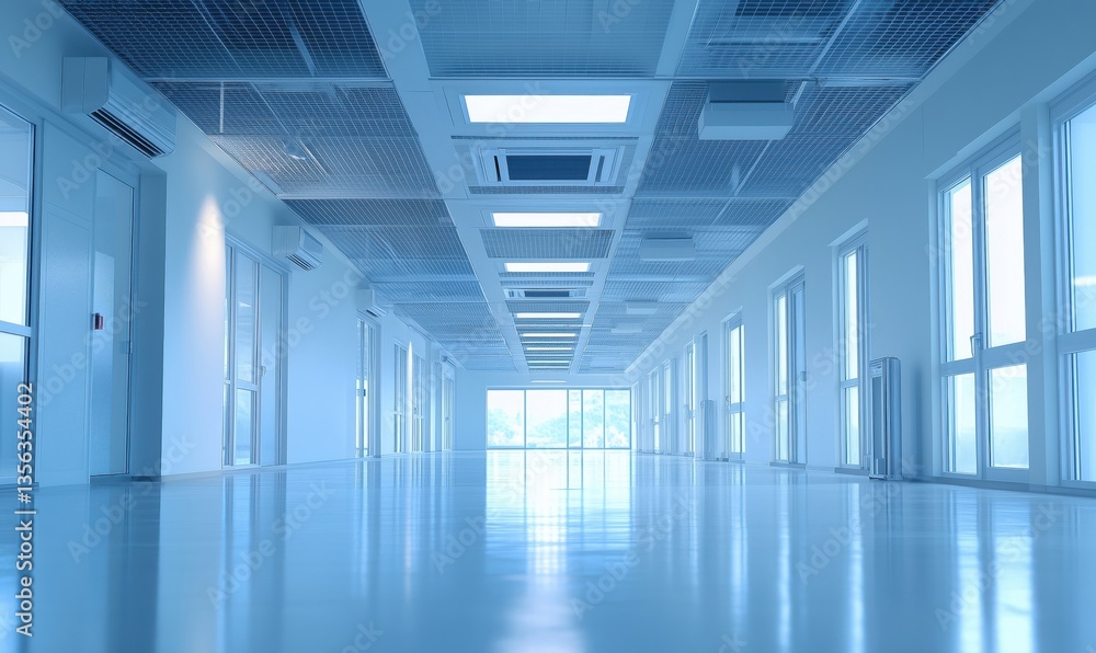 Modern empty corridor with bright lighting and large windows in contemporary building Modern empty corridor with bright lighting and large windows in contemporary building