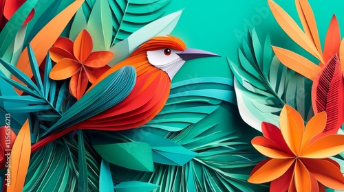 A vibrant paper cutout bird surrounded by colorful tropical foliage and flowers
