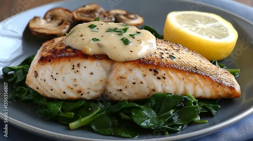 golden sea bass fillet over sautéed garnish