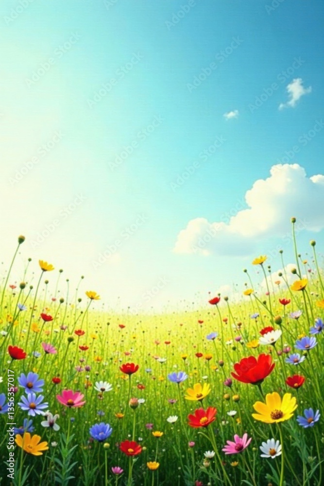 Vibrant Wildflower Meadow Under a Serene Spring Sky, Displaying a Colorful Array of Blossoms and Lush Green Grass Vibrant Wildflower Meadow Under a Serene Spring Sky, Displaying a Colorful Array of Blossoms and Lush Green Grass