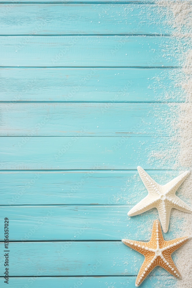 Starfish on turquoise wooden planks with sand. Rustic beach style. Marine decor and seaside vacation concept. Image for banner, invitation, greeting card with copy space. Starfish on turquoise wooden planks with sand. Rustic beach style. Marine decor and seaside vacation concept. Image for banner, invitation, greeting card with copy space.