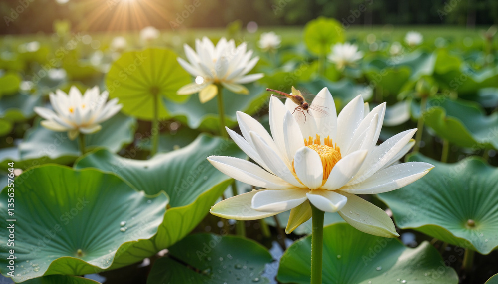 Delicate white lotus blooming in natural pond, harmony and beauty Delicate white lotus blooming in natural pond, harmony and beauty